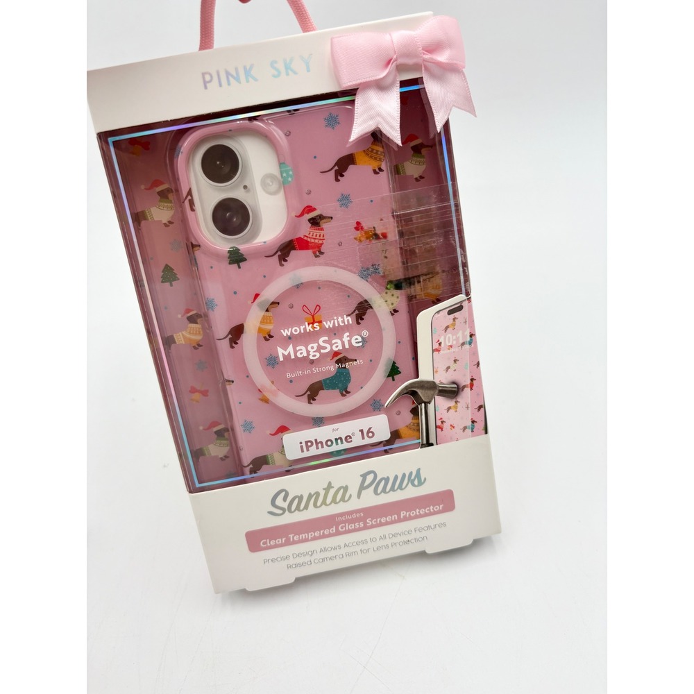 Pink Sky iPhone 16 Case Santa Paws Dachshund Doxie Dog MagSafe Screen Protector‎